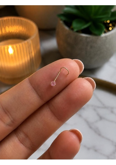 925 Ayar Gümüş Pembe Taşlı Sarı Burun Hızması L Tipi Minimal Unisex Nose Stud Piercing