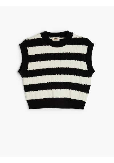 Koton Çizgili Slim Fit Bisiklet Yaka Crop Süveter Ekru Çizgili 5wkg90109at Ekru Çizgili Ekru