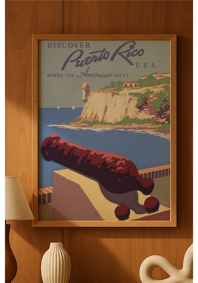 Puerto Rico Doğal Ahşap Çerçeveli Poster, Dekoratif Seyahat Duvar Tablosu