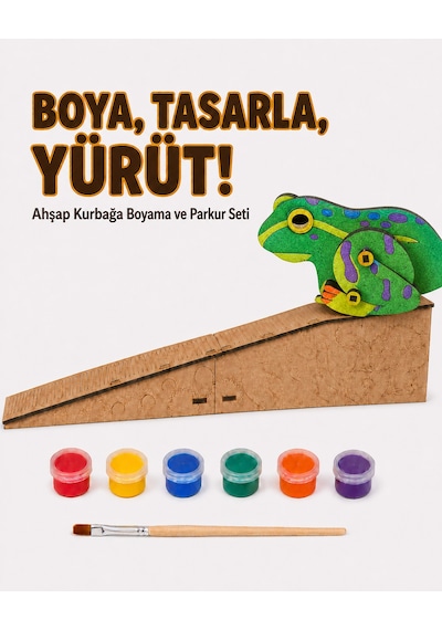 Çocuk Ahşap Hareketli Kurbağa Boyama Seti 6 Renk Boya, Fırça Ve Kolay Montaj Parkuru
