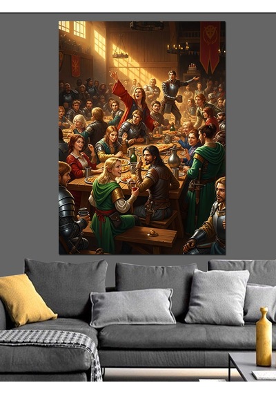 Ahşap Tablo Kalabalık Bar Yemek Sahnesi
