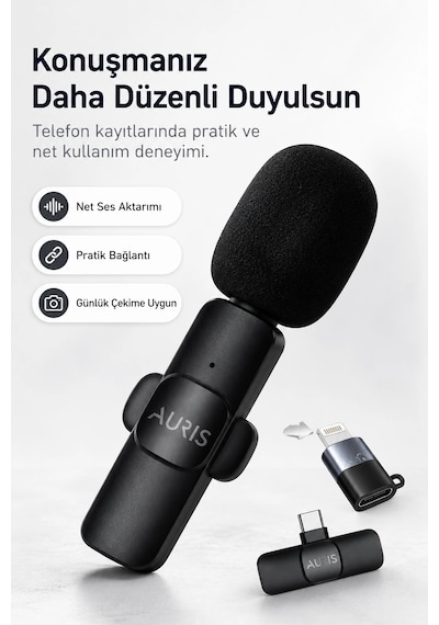 Kablosuz Yaka Mikrofonu Telefon İçin Usb-c Lightning Adaptörlü Kompakt Kayıt Cihazı