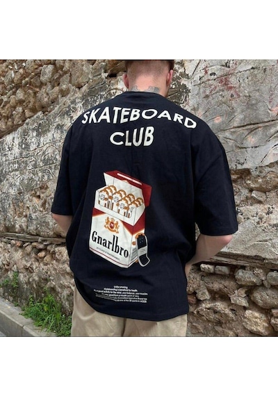 Flood Of Style Erkek Siyah Gnarlbro Sırt Baskılı Oversize Bisiklet Yaka Tişört
