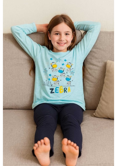 Çocuk Pijama Takımı %100 Pamuk Zebra Desenli Mavi