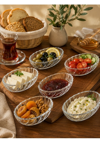 6 Lı Cam Kayık Tabak Kase Kahvaltılık Reçellik Oval Şeffaf