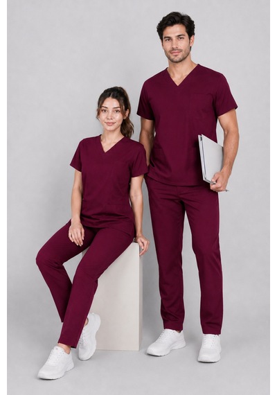 Üniforma Bordo Hemşire Ve Doktor Forması Scrubs Takımı Likralı Alt Üst Üniforma Unisex Yarasa Kol
