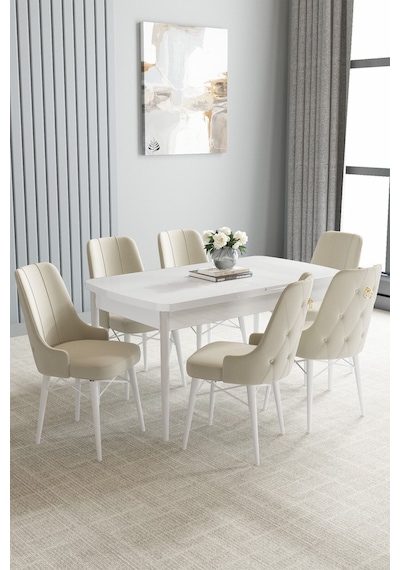 Jusie Beyaz 80x132 Açılabilir Mutfak Masası Takımı 6 Adet Sandalye Krem