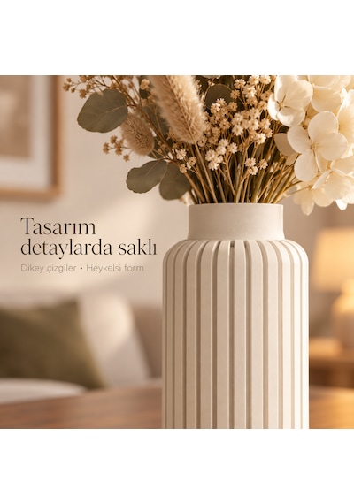 Dikey Çizgili Dekoratif Vazo 20 Cm Modern Silindir Tasarım Bej
