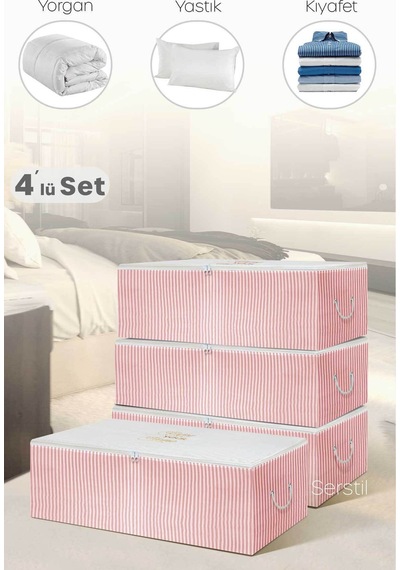 Serstil 4 Adet - Büyük Boy Baza Altı Pembe Çizgili Hurç 62 X 46 X 22 Cm
