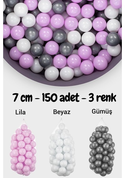 7 Cm Top Havuzu Topu 150 Adet Lila, Beyaz, Gümüş