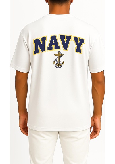 Bahriyeli Collection Oversize Blue Navy Anchor Göğüs Ve Sırt Baskılı Unisex T-shirt Beyaz