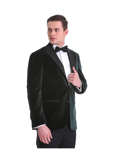 Hatemoğlu Yeşil Slim Fit Düz Sivri Yaka Kadife Klasik Smokin Damatlık 3312 Yeşil