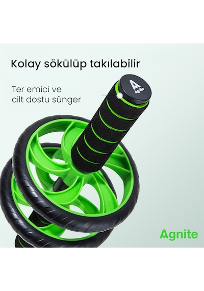 Agnıte Çift Tekerlekli Karın Egzersiz Tekerleği Diz Pedli Fitness Yeşil Siyah