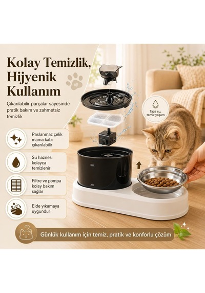Tr Otomatik Evcil Hayvan Su Pınarı Ve Mama Kabı, Filtreli Su Sirkülasyonlu Kedi Köpek Suluğu, Paslanmaz Çelik Mam