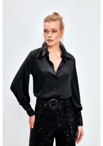 Sateen Payet Detaylı Saten Gömlek - Siyah-134117 Siyah
