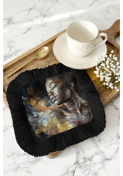 Sanatsal Işıltılı Saçaklı Sunum Peçetesi - Afro Dokunuşlu Bohem Siyah Bardak Altlığı Mendil Soft Göl Bronz
