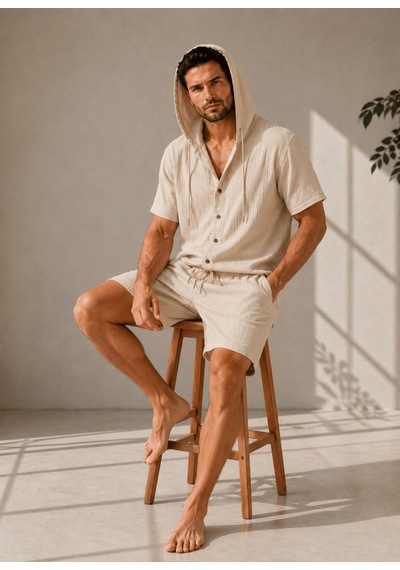 Erkek Müslin Kapşonlu 3'set Gömlek-şort-pantalon Bej