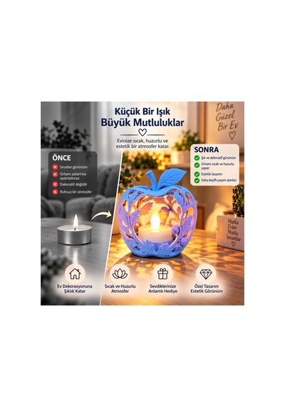 Elma Figürlü Dekoratif Mumluk Yaprak Desenli Tealight Mumluk, Dekoratif Led Mum Hediyeli - Pembe Açık