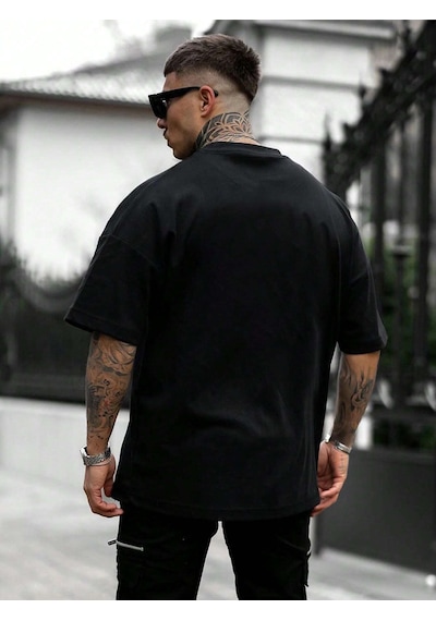 T-shirt - Trust Baskılı Oversize Bisiklet Yaka Kısa Kol Tişört Siyah