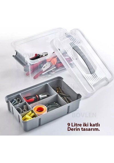 Büyük Boy Bölmeli Organizer Kutu 9 Litre - Şeffaf Tasarım Saklama
