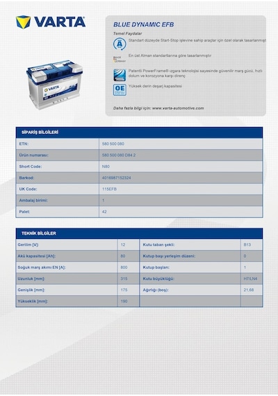 Varta Akü 12V 80 Ah 800A Efb Start-Stop Blue Dynamic N80 / 532012697