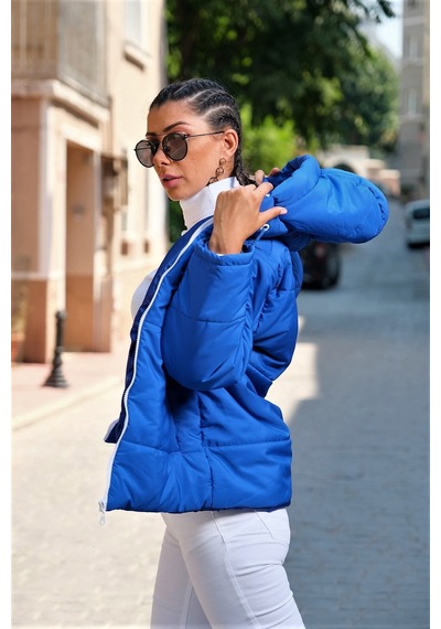 Keyifli Moda Kadın Saks Mavi Su Geçirmez Kapüşonlu Şişme Mont