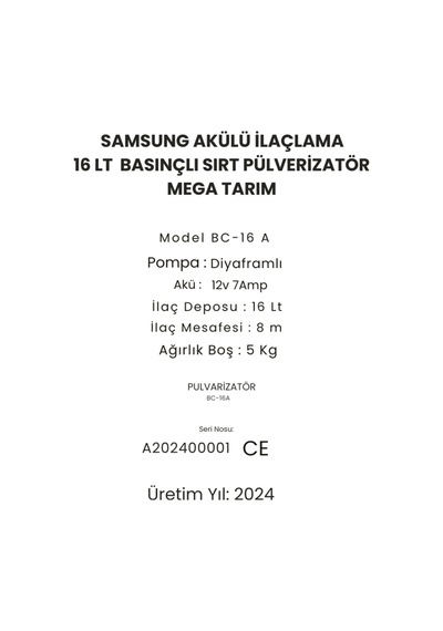 Samsung Akülü Ve Kollu İlaçlama Yıkama Makinesi 16 L. Pülverizatör Yeni Model