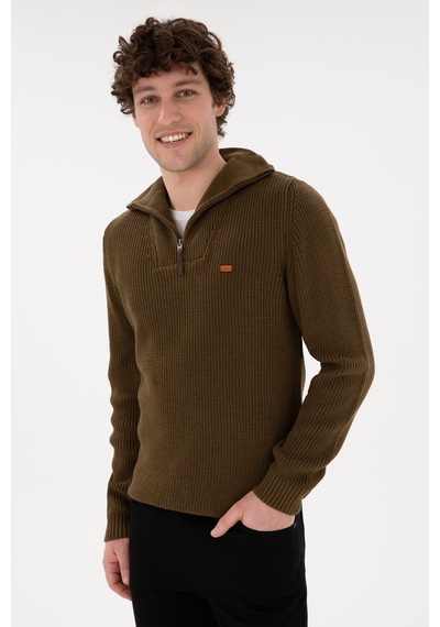 U.S. Polo Assn. Erkek Regular Fit Yarım Fermuarlı Haki Kazak 50297047-VR027
