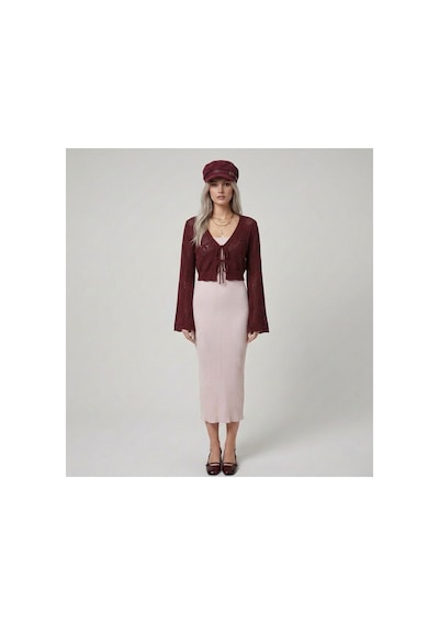 Neden Tekstil Premium Fit Kare Yaka Fitilli Triko Midi Elbise - Açık Pembe