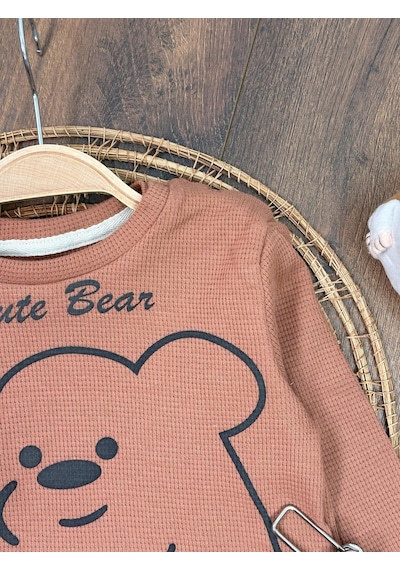 Bebicix Waffle Kumaş Omuzdan Çıtçıtlı Animal Baskılı Erkek Bebek 2'li Takım Kahverengi