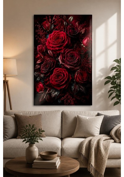 Kırmızı Gül Desenli Baskılı Cam Tablo Uv Baskı Dekoratif Duvar Tablosu