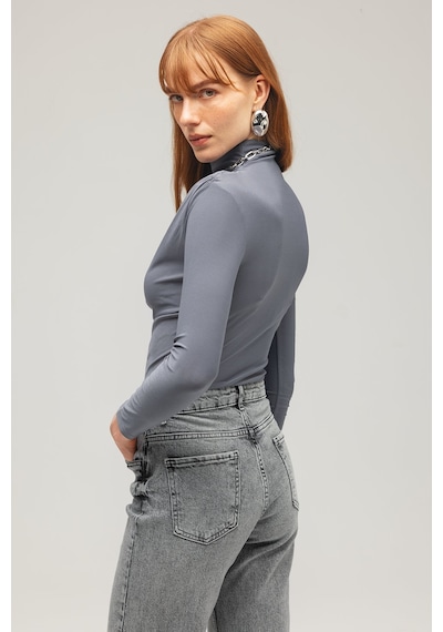Saade Sââde Kadın Drapeli Boğazlı Uzun Kollu Örme Bluz - Slim Fit Antrasit