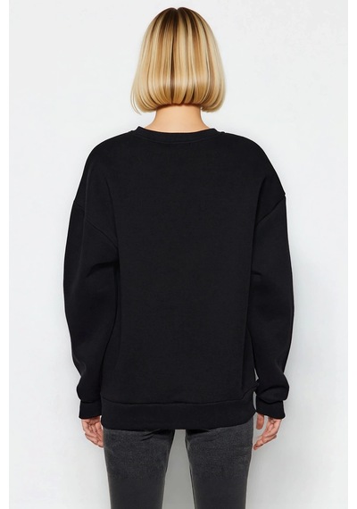Benerly Kadın Bisiklet Yaka Düşük Kol Oversize Kalın Örme Sweatshirt Fonk siyah
