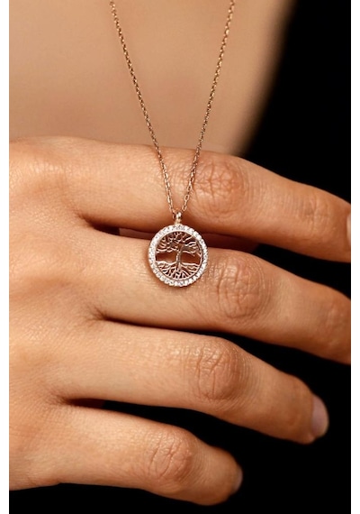 Zirkon Taşlı Rose Yaşam Ağacı Gümüş Kolye