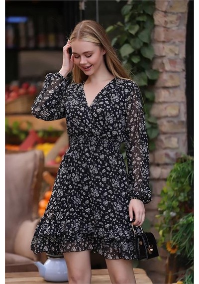 Neşeli Butik Kadın Siyah Gipeli Eteği Fırfırlı Desenli Mini Şifon Elbise Rssn21 Siyah