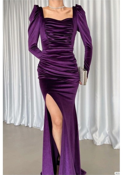 DefyModa Kadın Modern Kadife Kumaş Kare Yaka Yırtmaçlı Abiye Elbise Mor
