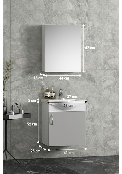 Yıldız 45 Cm Beyaz-sis Gri Mdf Seramik Lavabolu Asma Banyo Dolabı Takımı