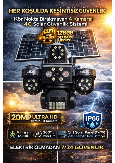 4 Lens 20mp Ultra Hd Tam Kontrol Sim Kartlı Güneş Enerjili Kamera 12xzoom Çakar Led Sd Kart