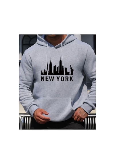Herkesemoda New York Yazı Detaylı İçi Polarlı Kapüşonlu Sweatshirt Gri