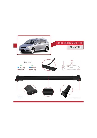 Toyota Corolla Verso E120 2004-2008 Arası İle Uyumlu Fly Model Ara Atkı Tavan Barı Siyah 3 Adet Bar