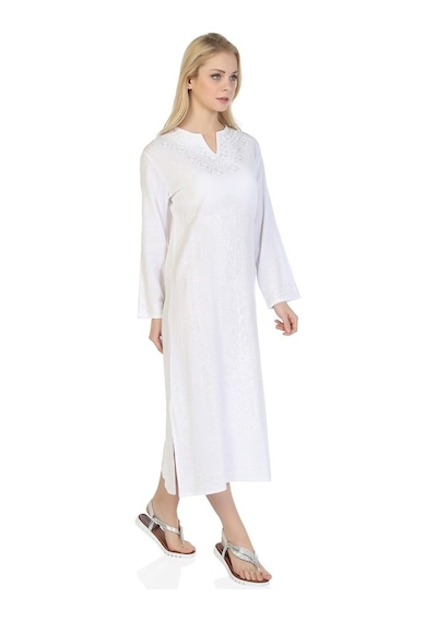 Eliş Şile Bezi Uzun Kol Şile Bezi Simli Kaftan Midi Boy Elbise Beyaz