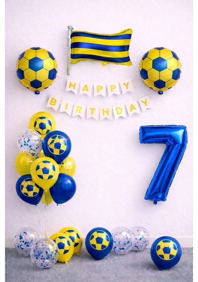 Sarı Lacivert Futbol Temalı 7 Yaş Doğum Günü Balon Seti Sarı Lacivert
