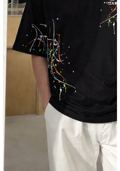 Tarz Cool Erkek Oversize Baskılı Tişört Renkli Boya Desenli Modern Streetwear Siyah