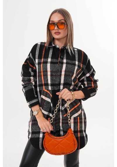 Polologin Butik Kadın Turuncu Siyah Kanguru Cepli Spor Kesim Araboy Gömlek Turuncu