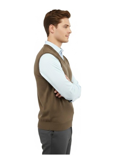 Çizgi Triko Erkek V Yaka Süveter Çelik Örgü Regular Kalıp 5200h Bgl-st04962 Vizon