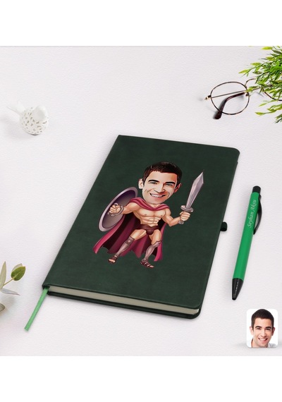 Kişiye Özel Spartalı Karikatürlü Yeşil Termo Deri Defter Kalem Se