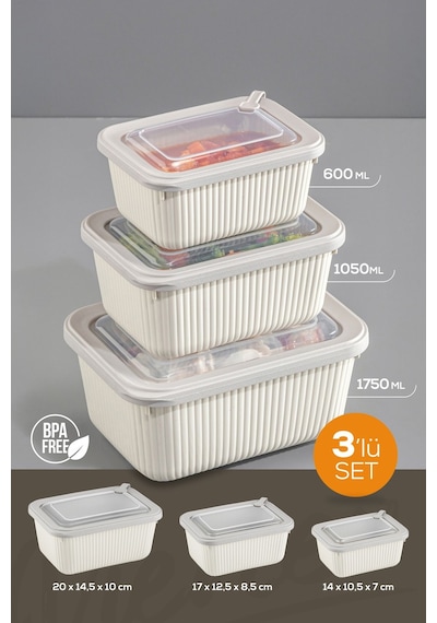Vienev 3'lü Vip Dikdörtgen Mikrodalga Ve Difrize Uygun Saklama Kabı Seti Bej 1x 1750,1050,600 Ml Bej