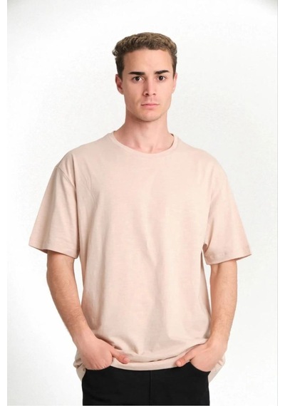Erkek Düz Tişört Bisikilet Yaka Kısa Kol Oversize T-shirt - Bej