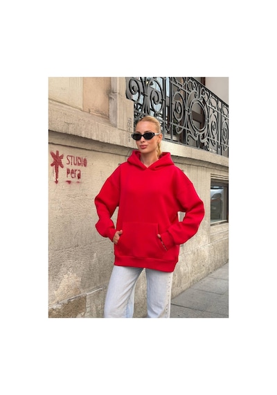 Zdnjeans Kadın Taşlı Kanat Baskılı Oversize Kapüşonlu Sweatshirt Kırmızı