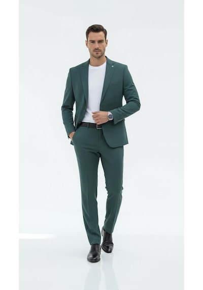 Erkek Slim Fit Mikro Dokulu Takım Elbise Çift Düğmeli Modern Kesim Petrol